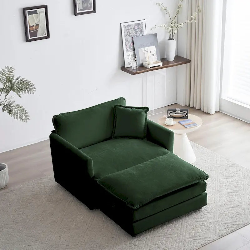 Vert / Bleu / Beige / Blanc — Fauteuil d'appoint en chenille avec pouf, 1 place