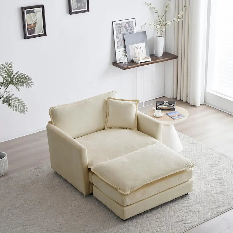 Vert / Bleu / Beige / Blanc — Fauteuil d'appoint en chenille avec pouf, 1 place