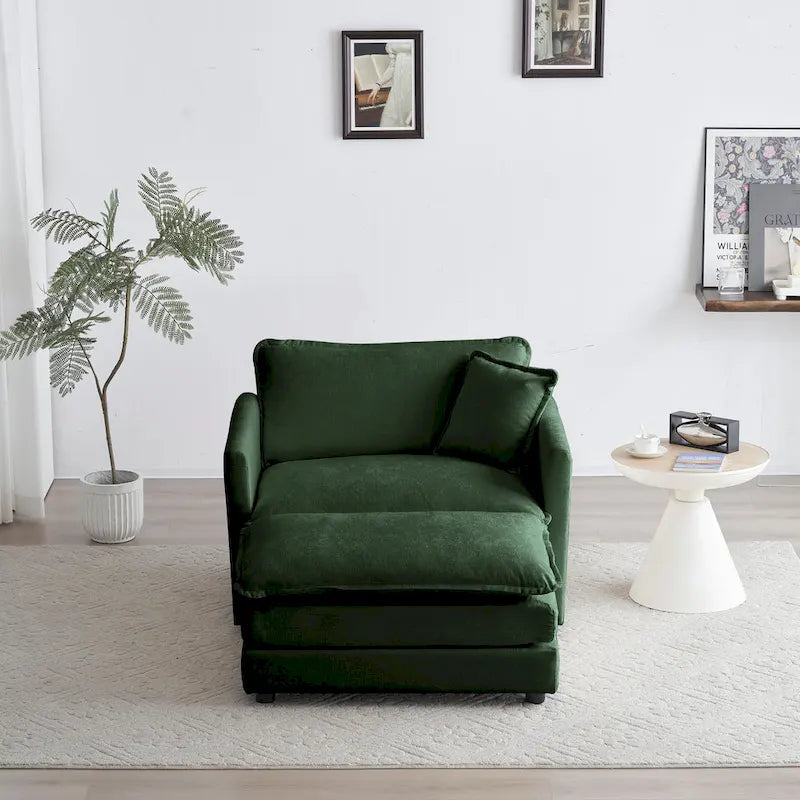 Vert / Bleu / Beige / Blanc — Fauteuil d'appoint en chenille avec pouf, 1 place