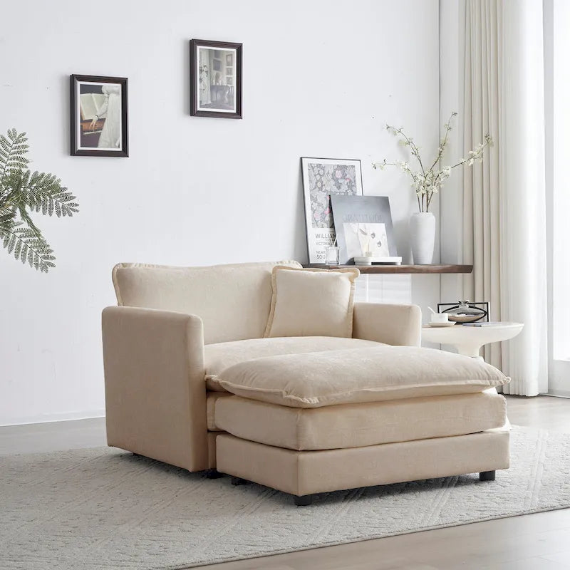 Vert / Bleu / Beige / Blanc — Fauteuil d'appoint en chenille avec pouf, 1 place