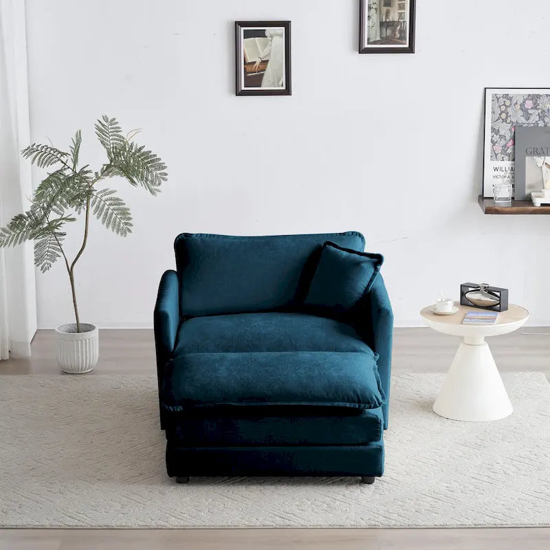 Vert / Bleu / Beige / Blanc — Fauteuil d'appoint en chenille avec pouf, 1 place