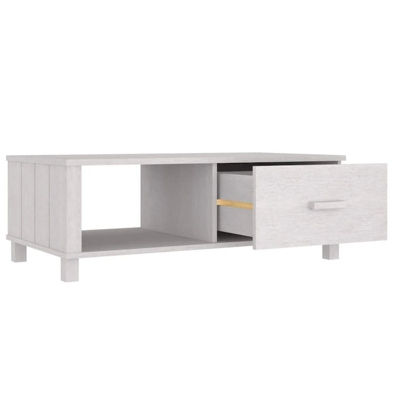 Table basse rectangulaire blanche avec tiroir et étagère