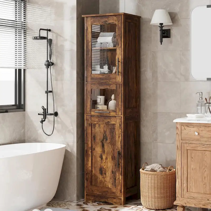 Meuble de rangement de salle de bain à porte simple ou double marron / blanc / gris
