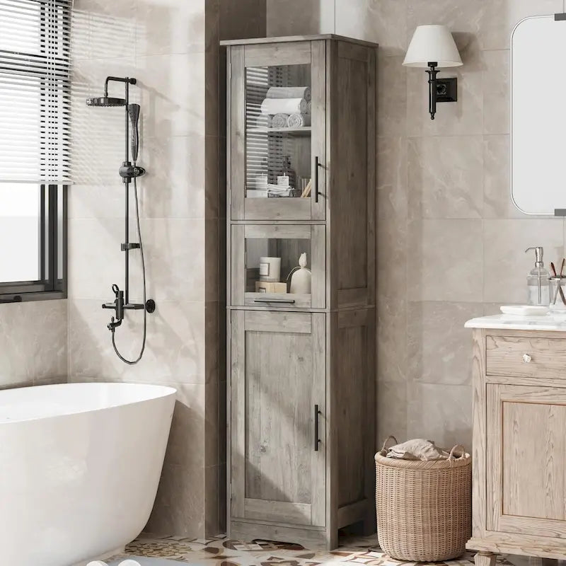 Meuble de rangement de salle de bain à porte simple ou double marron / blanc / gris