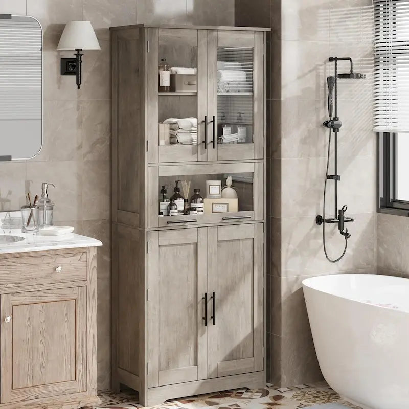 Meuble de rangement de salle de bain à porte simple ou double marron / blanc / gris