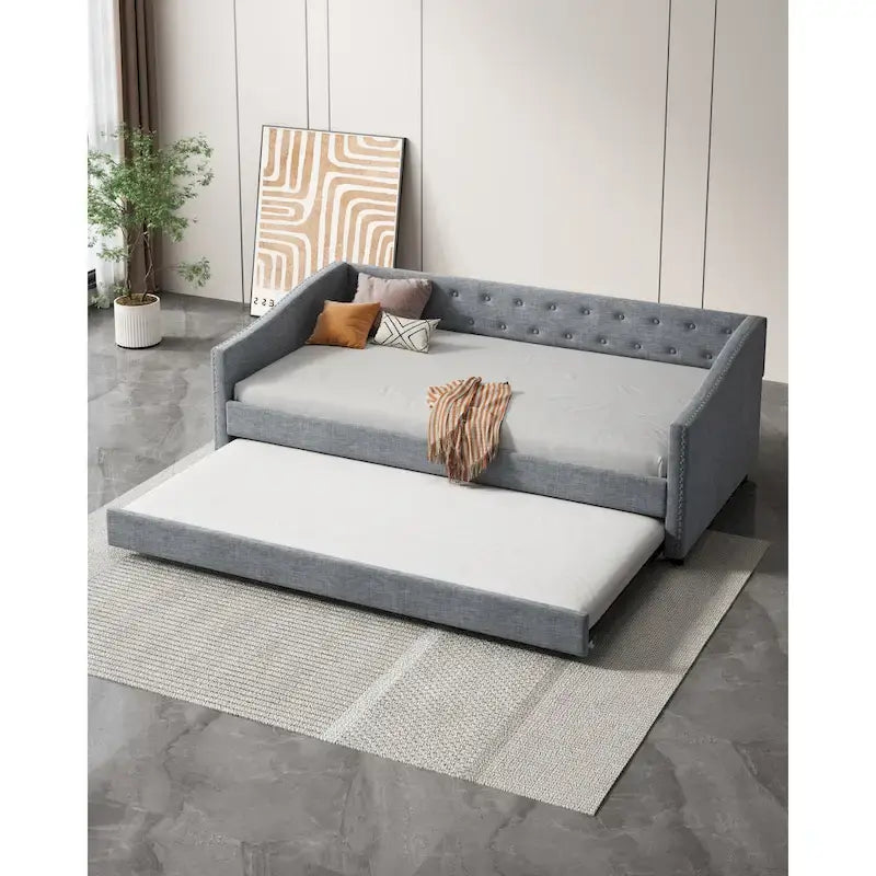 Gris clair / Gris foncé / Beige Lit de jour matelassé avec rangement, deux places et double, 1 personne
