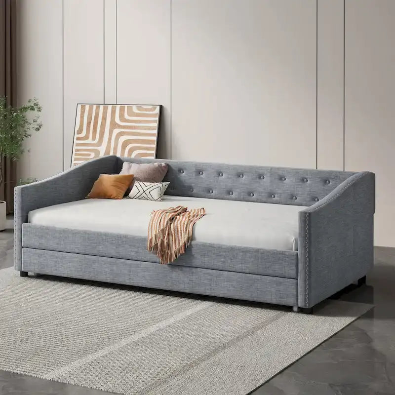 Gris clair / Gris foncé / Beige Lit de jour matelassé avec rangement, deux places et double, 1 personne