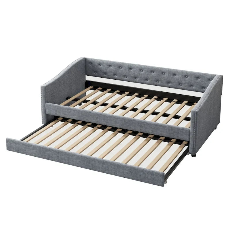 Gris clair / Gris foncé / Beige Lit de jour matelassé avec rangement, deux places et double, 1 personne