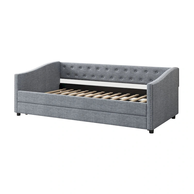 Gris clair / Gris foncé / Beige Lit de jour matelassé avec rangement, deux places et double, 1 personne