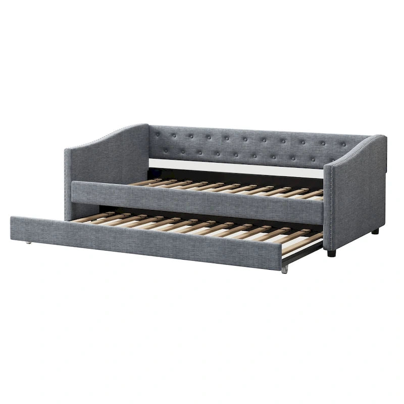 Gris clair / Gris foncé / Beige Lit de jour matelassé avec rangement, deux places et double, 1 personne