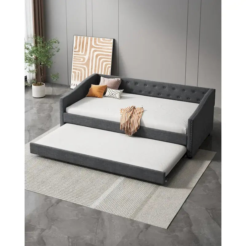 Gris clair / Gris foncé / Beige Lit de jour matelassé avec rangement, deux places et double, 1 personne