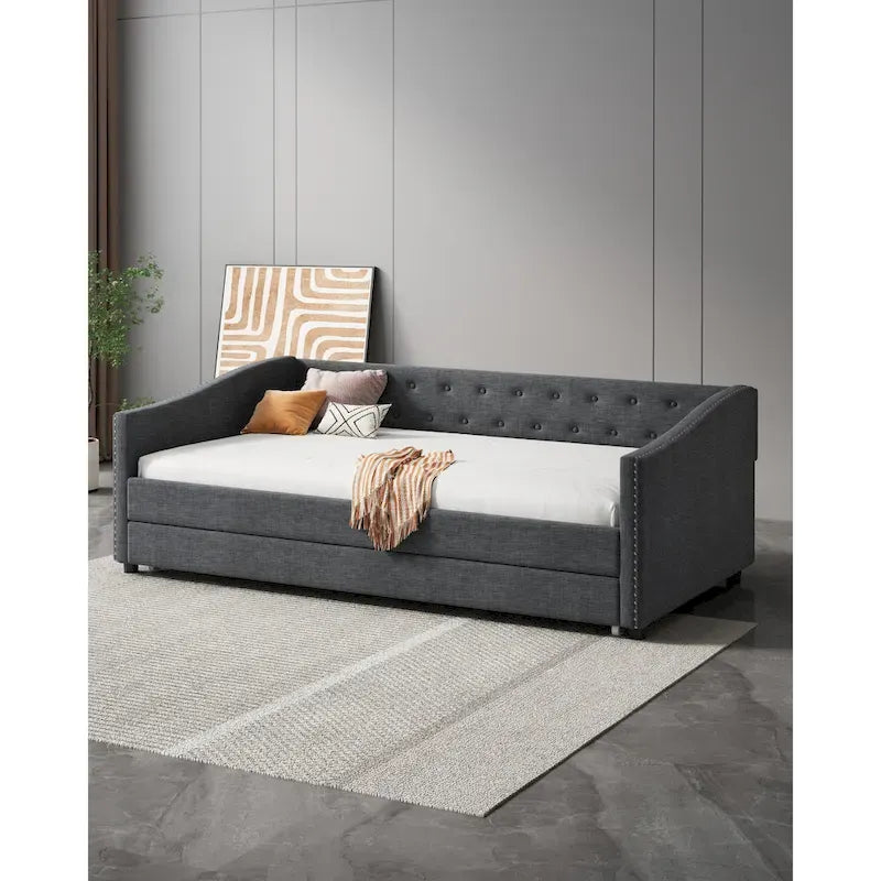 Gris clair / Gris foncé / Beige Lit de jour matelassé avec rangement, deux places et double, 1 personne