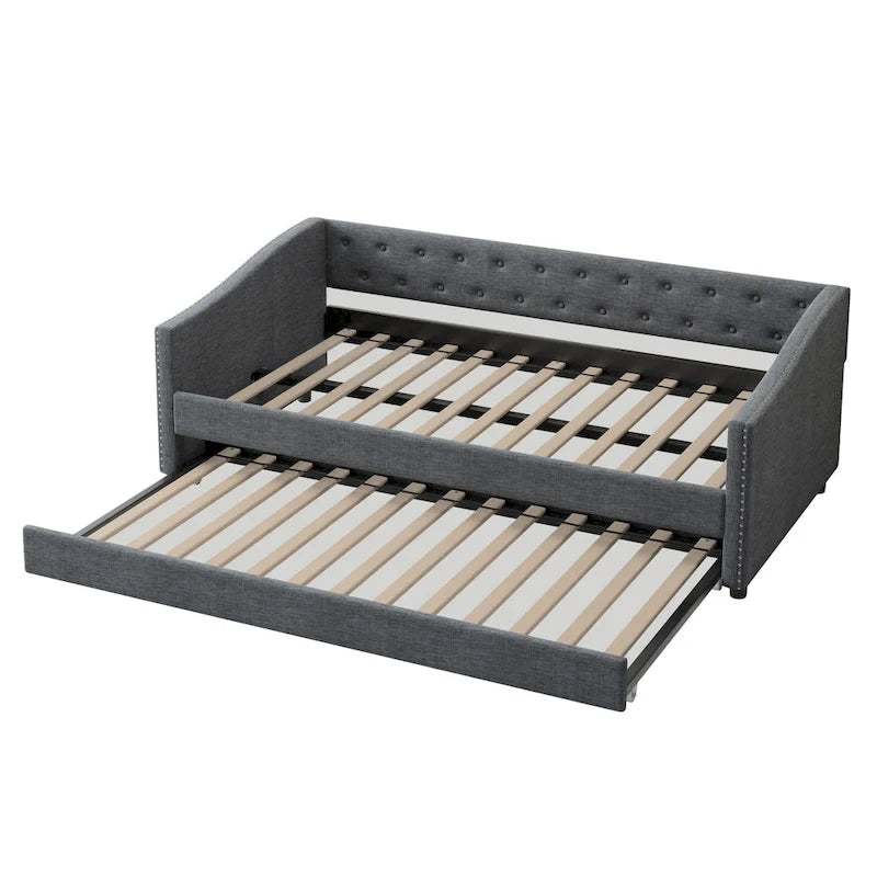 Gris clair / Gris foncé / Beige Lit de jour matelassé avec rangement, deux places et double, 1 personne