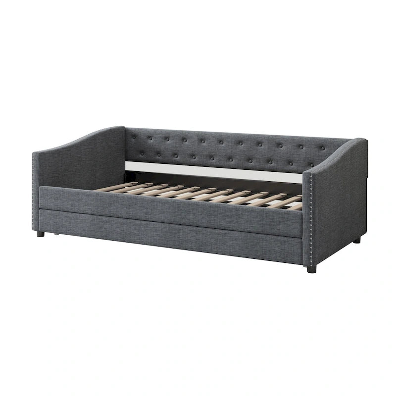 Gris clair / Gris foncé / Beige Lit de jour matelassé avec rangement, deux places et double, 1 personne