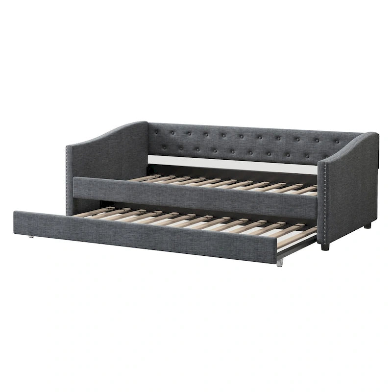 Gris clair / Gris foncé / Beige Lit de jour matelassé avec rangement, deux places et double, 1 personne