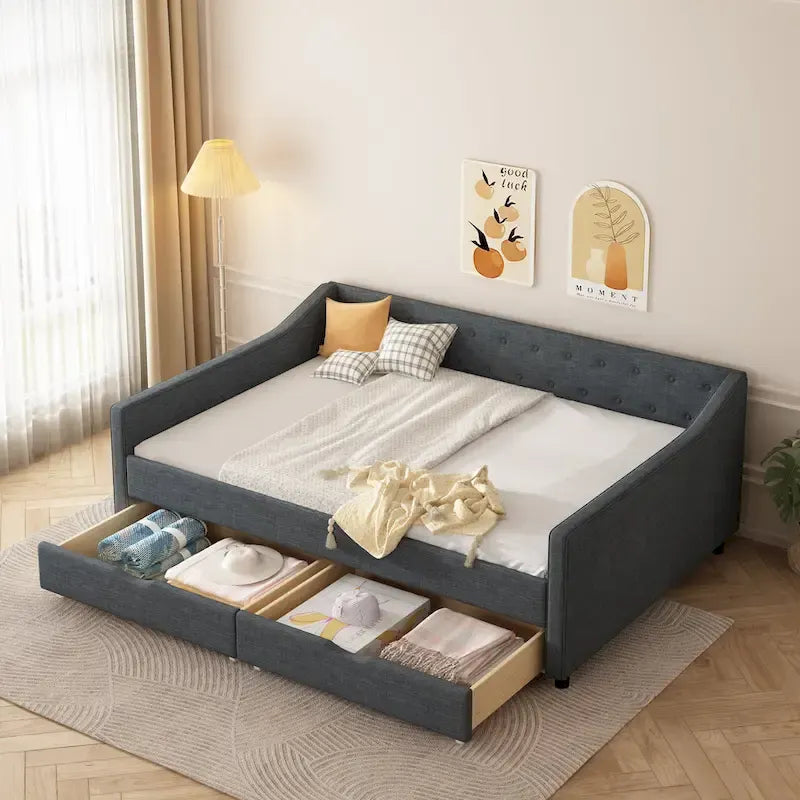 Gris clair / Gris foncé / Beige Lit de jour matelassé avec rangement, deux places et double, 1 personne