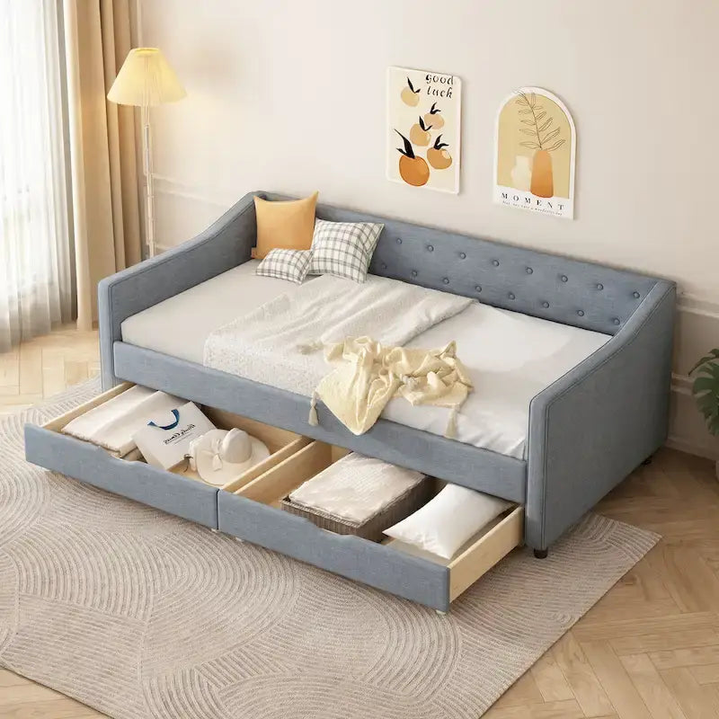Gris clair / Gris foncé / Beige Lit de jour matelassé avec rangement, deux places et double, 1 personne