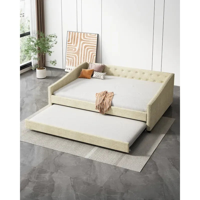 Gris clair / Gris foncé / Beige Lit de jour matelassé avec rangement, deux places et double, 1 personne