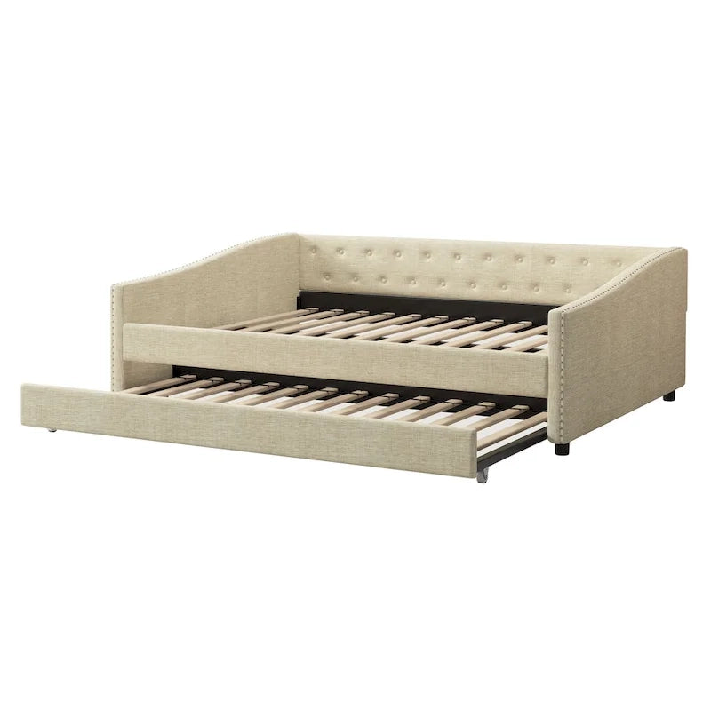 Gris clair / Gris foncé / Beige Lit de jour matelassé avec rangement, deux places et double, 1 personne