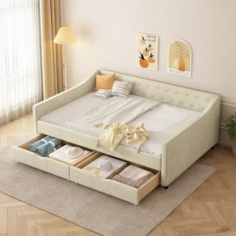 Gris clair / Gris foncé / Beige Lit de jour matelassé avec rangement, deux places et double, 1 personne