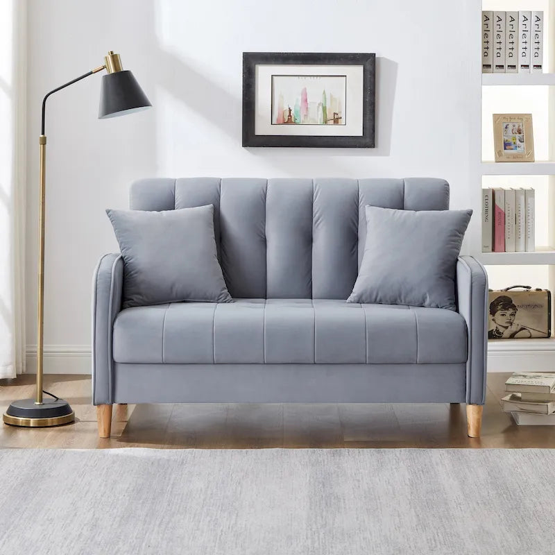Causeuse capitonnée en velours bleu clair / gris / orange / beige — 2 places
