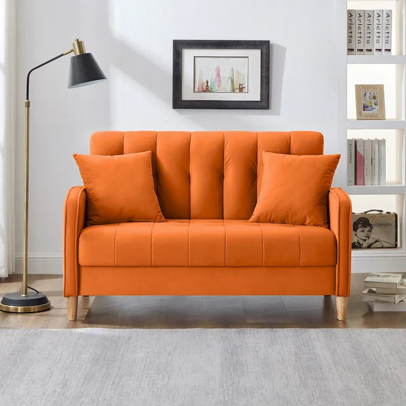 Causeuse capitonnée en velours bleu clair / gris / orange / beige — 2 places