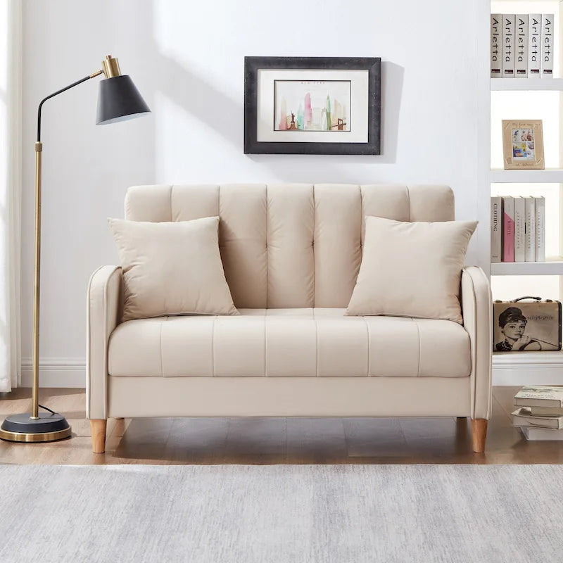 Causeuse capitonnée en velours bleu clair / gris / orange / beige — 2 places