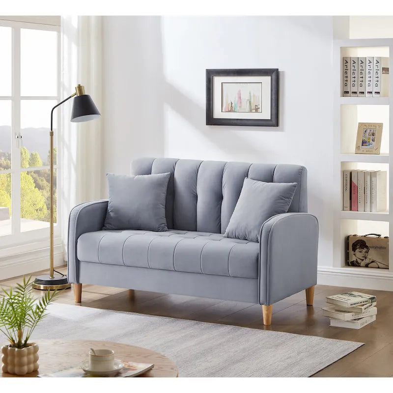 Causeuse capitonnée en velours bleu clair / gris / orange / beige — 2 places