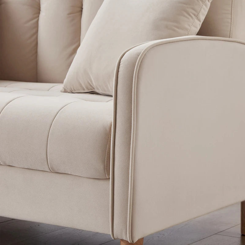 Causeuse capitonnée en velours bleu clair / gris / orange / beige — 2 places