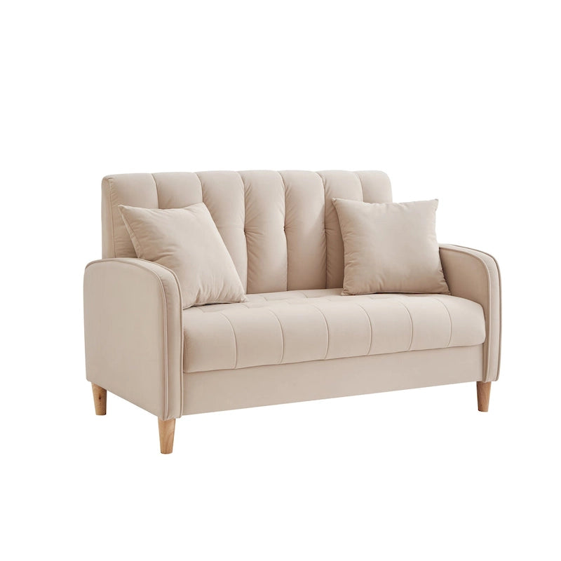 Causeuse capitonnée en velours bleu clair / gris / orange / beige — 2 places