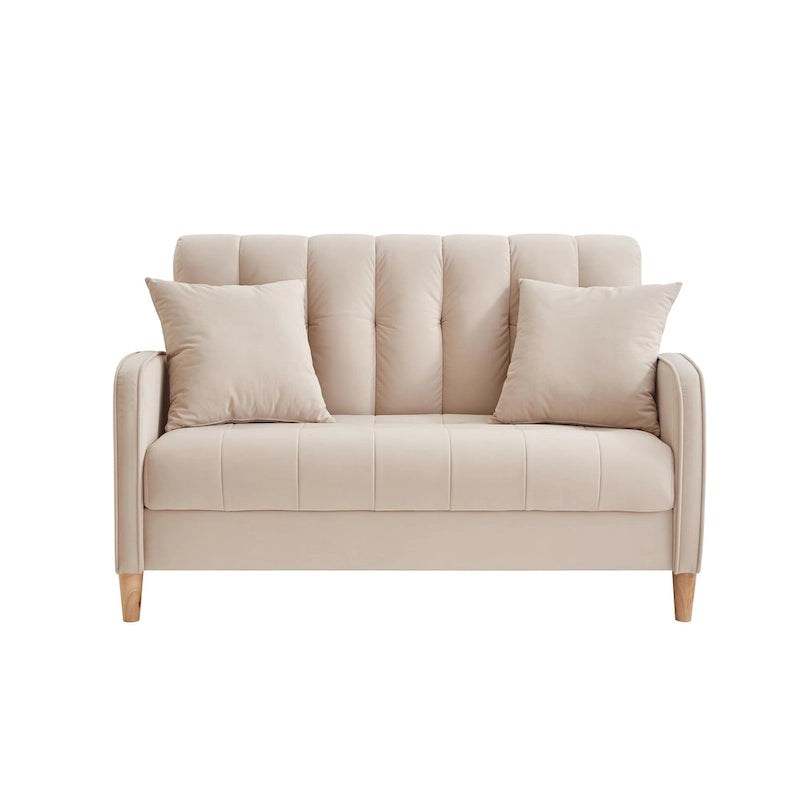 Causeuse capitonnée en velours bleu clair / gris / orange / beige — 2 places