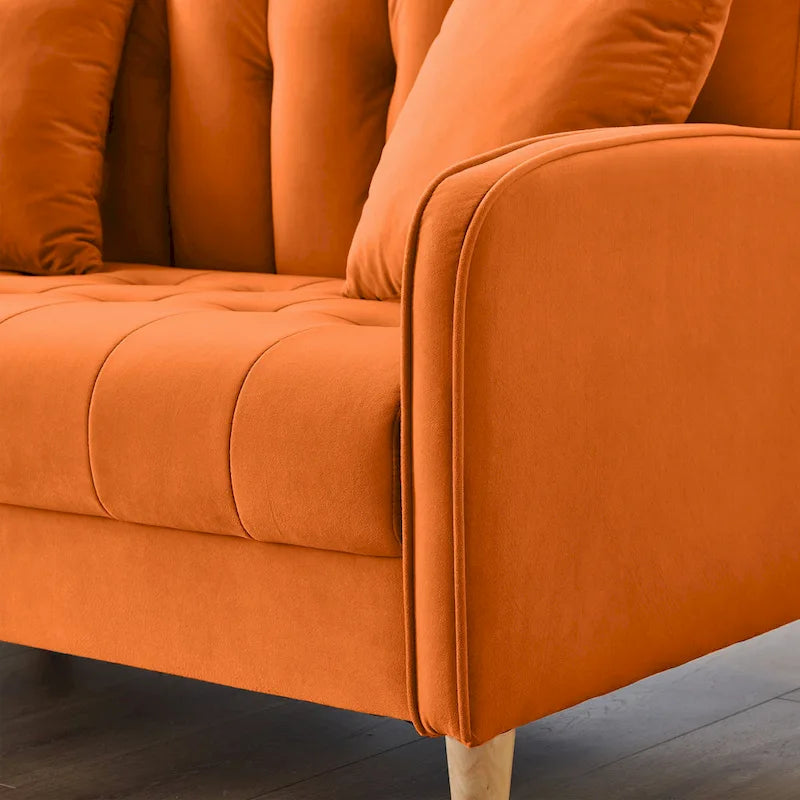 Causeuse capitonnée en velours bleu clair / gris / orange / beige — 2 places