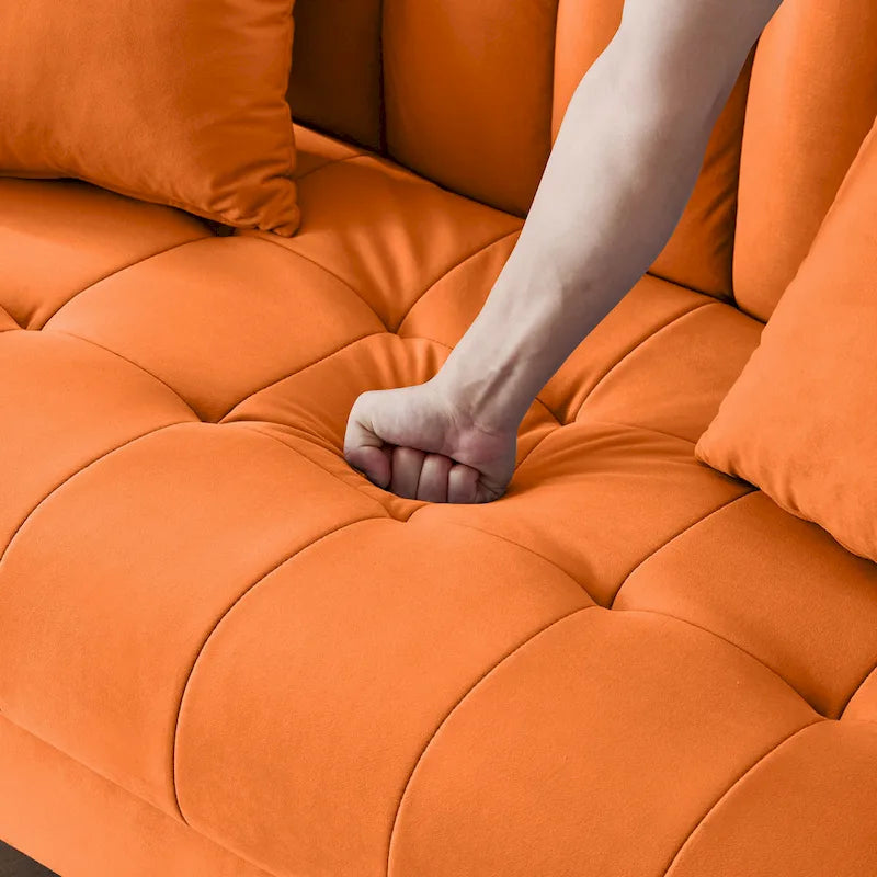 Causeuse capitonnée en velours bleu clair / gris / orange / beige — 2 places