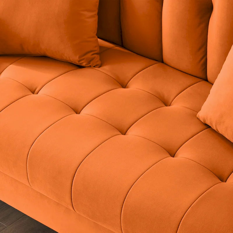 Causeuse capitonnée en velours bleu clair / gris / orange / beige — 2 places