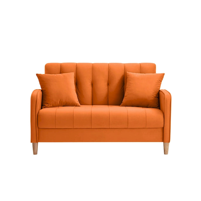 Causeuse capitonnée en velours bleu clair / gris / orange / beige — 2 places