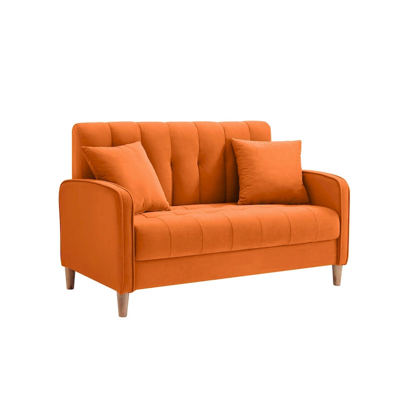 Causeuse capitonnée en velours bleu clair / gris / orange / beige — 2 places