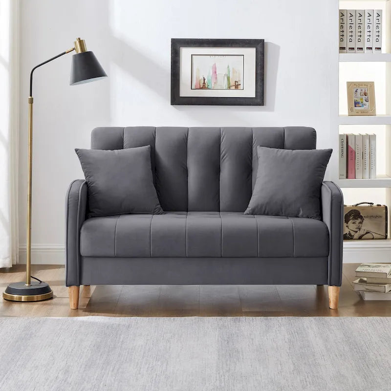 Causeuse capitonnée en velours bleu clair / gris / orange / beige — 2 places