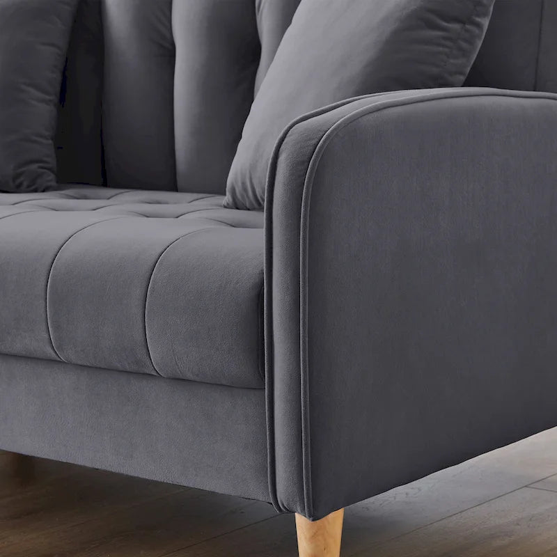 Causeuse capitonnée en velours bleu clair / gris / orange / beige — 2 places