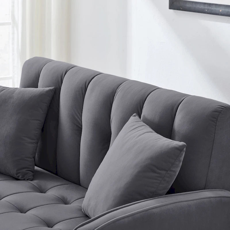 Causeuse capitonnée en velours bleu clair / gris / orange / beige — 2 places