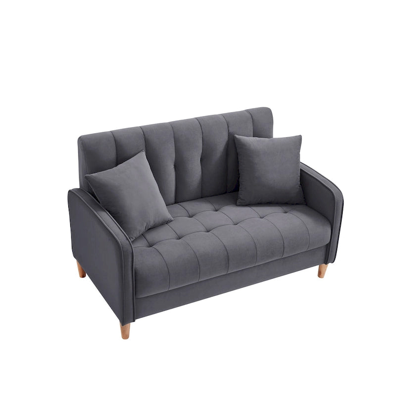 Causeuse capitonnée en velours bleu clair / gris / orange / beige — 2 places