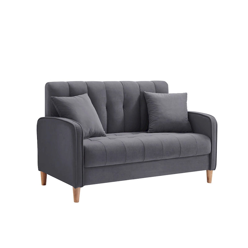 Causeuse capitonnée en velours bleu clair / gris / orange / beige — 2 places