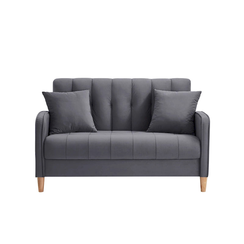 Causeuse capitonnée en velours bleu clair / gris / orange / beige — 2 places