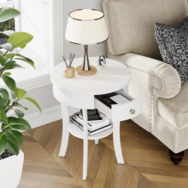 Table d'appoint ronde à 2 niveaux avec tiroir, blanche/noire — 1 personne