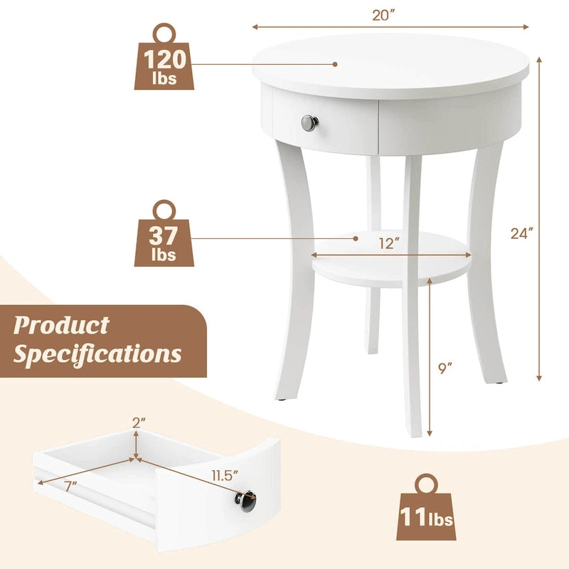 Table d'appoint ronde à 2 niveaux avec tiroir, blanche/noire — 1 personne