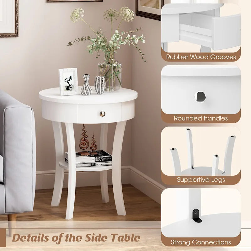 Table d'appoint ronde à 2 niveaux avec tiroir, blanche/noire — 1 personne