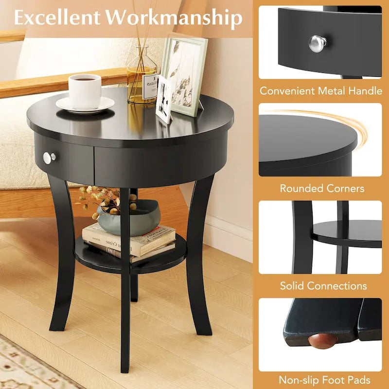 Table d'appoint ronde à 2 niveaux avec tiroir, blanche/noire — 1 personne
