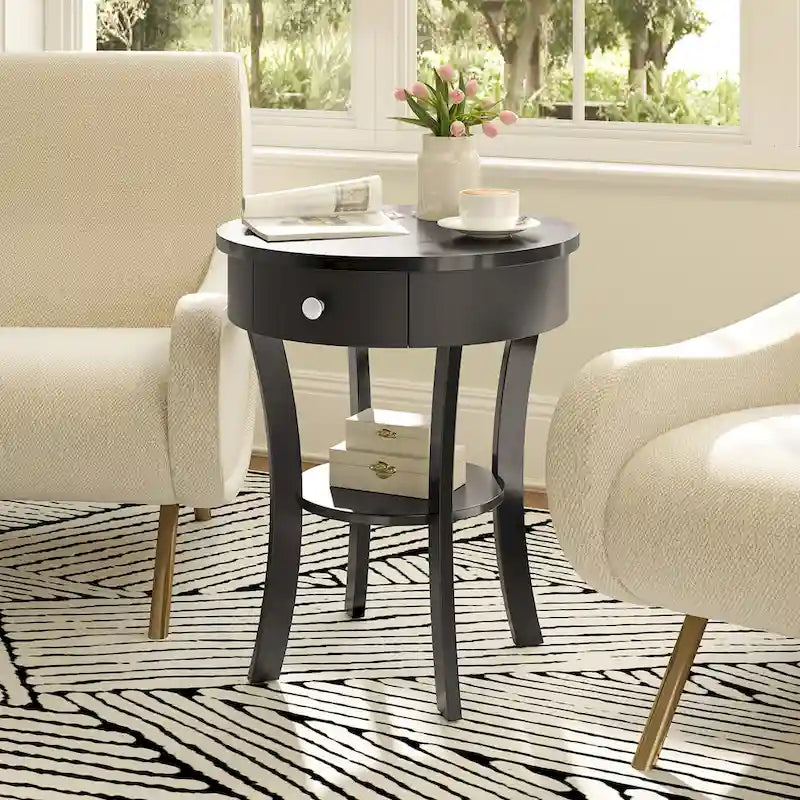 Table d'appoint ronde à 2 niveaux avec tiroir, blanche/noire — 1 personne