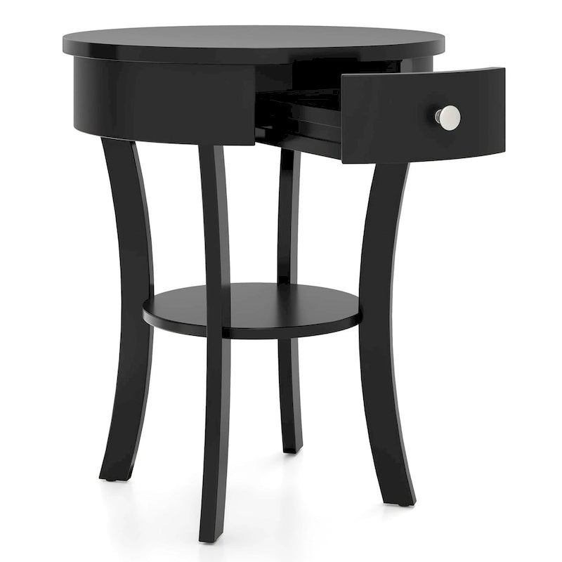 Table d'appoint ronde à 2 niveaux avec tiroir, blanche/noire — 1 personne