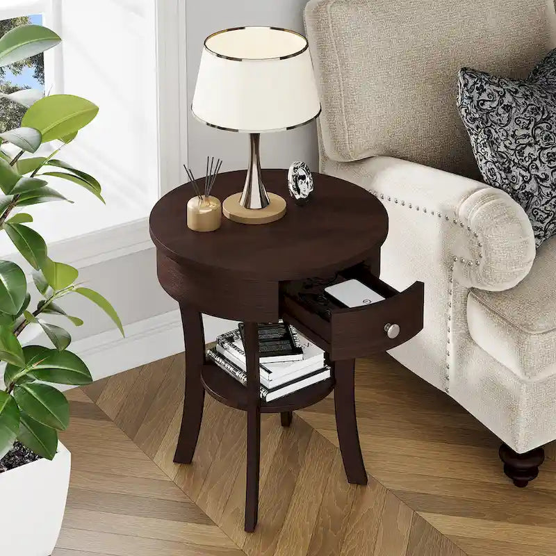 Table d'appoint ronde à 2 niveaux avec tiroir, blanche/noire — 1 personne