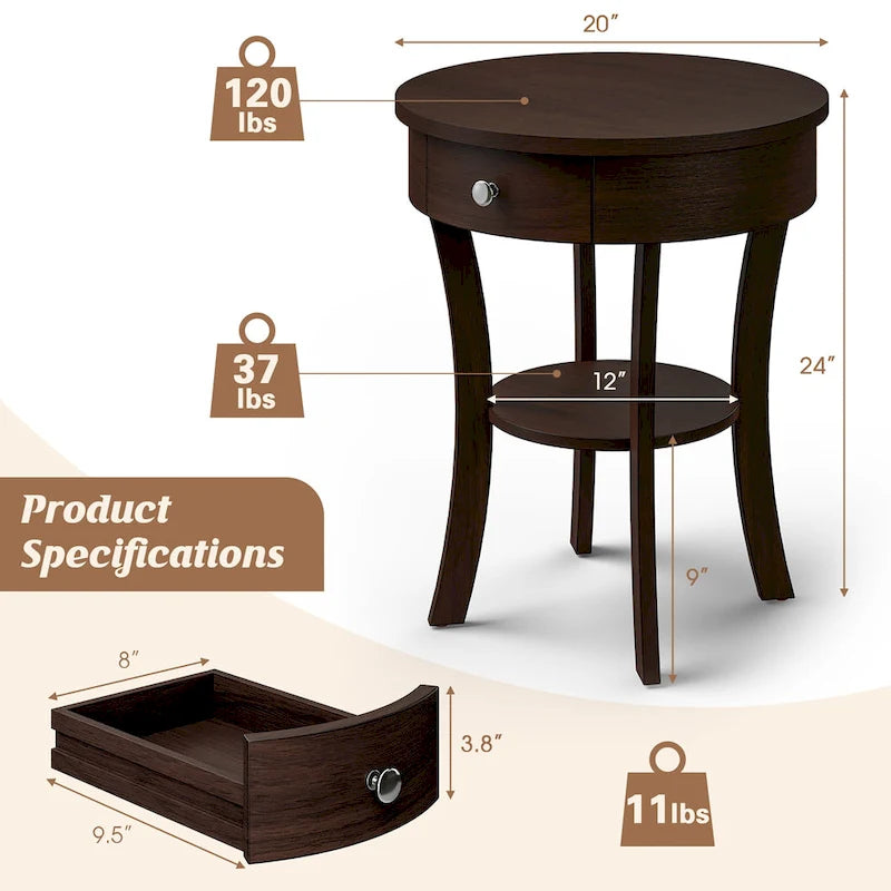 Table d'appoint ronde à 2 niveaux avec tiroir, blanche/noire — 1 personne